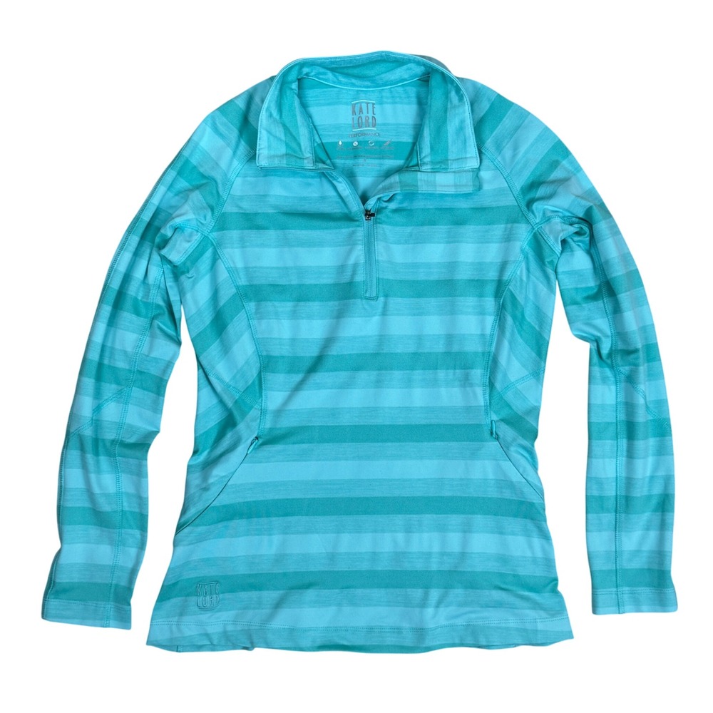 Kate Lord Performance Striped Quarter Zip Pullover Athletic Aqua Blue Size S